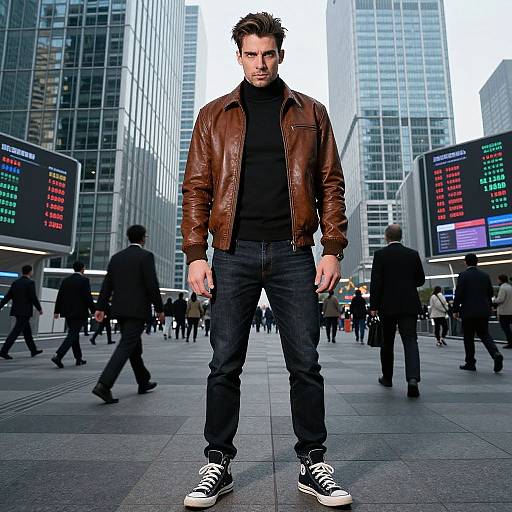 Photograph of a muscular, dark-haired man in a brown leather jacket, black turtleneck, and jeans, standing in a busy urban plaza with