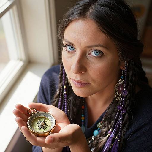 Photograph of a woman with blue eyes and dark braids, holding a brass compass, sunlight from window illuminating her face.