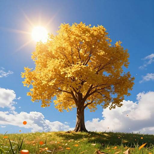 Photograph of a vibrant yellow autumn tree under a bright sun, set against a clear blue sky with white clouds. Grass and scattered orange flowers at the