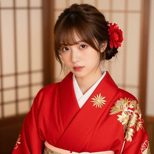 Asian Girl in Red Embroidered Kimono