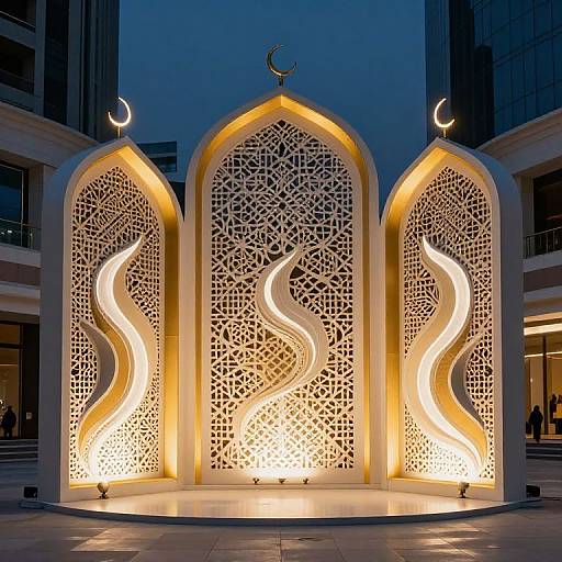 Photograph of a illuminated, ornate, three-arched street installation with intricate white patterns, glowing yellow lights, and crescent moon tops,