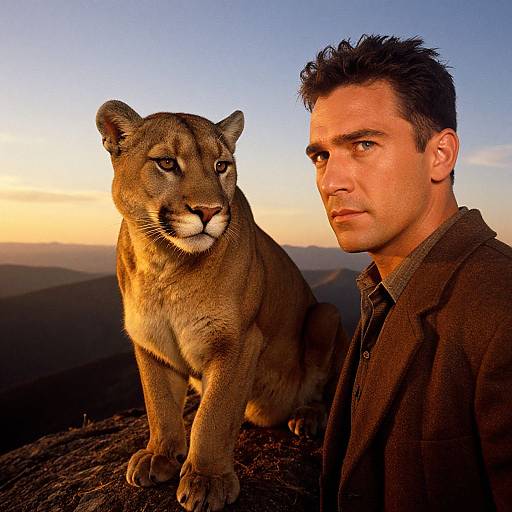 Photograph of a serious-looking man with dark hair in a brown jacket standing beside a powerful cougar at sunset, mountains in the background.