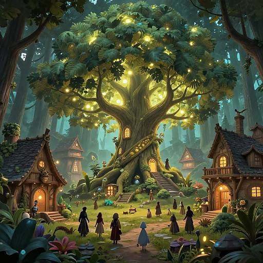 Fantasy forest scene: Enchanted giant tree with glowing lights, fairytale cottages, villagers in dark clothing, lush greenery, and