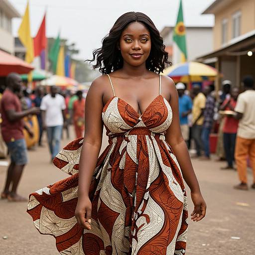 Photograph of a confident, dark-skinned Black woman with curly hair, wearing a patterned, brown and white, low-cut sundress, walking