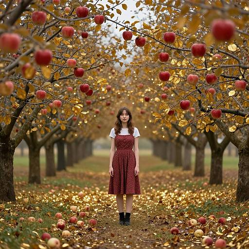 Photograph of a smiling young woman in a red dress standing in an autumn apple orchard, surrounded by red apples and golden leaves.