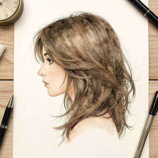 Digital drawing of a young woman in profile with wavy brown hair, white background, surrounded by black and silver pens, and a vintage clock.