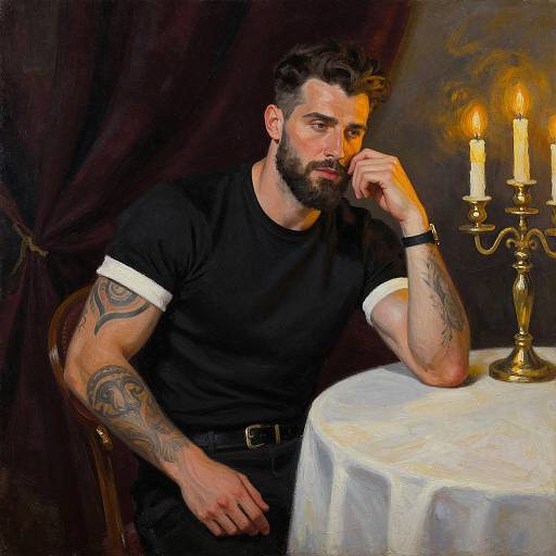 Digital painting of a tattooed, bearded man in black shirt, contemplating beside a candlelit table with a white cloth. Dark, draped background.
