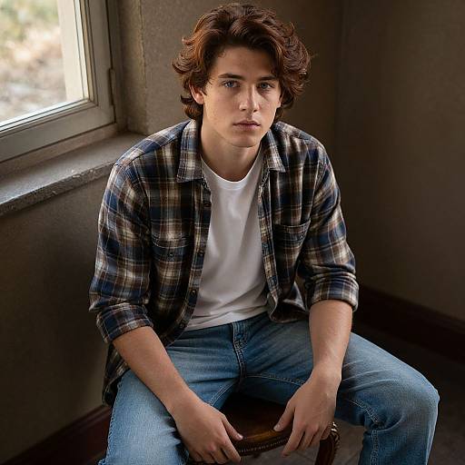 Photograph of a young man with wavy brown hair, wearing a plaid shirt, white t-shirt, and blue jeans, seated in a dim