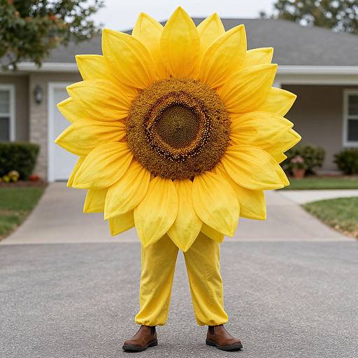 Photograph of a person wearing a large yellow sunflower mask and yellow pants, standing on a suburban driveway with a house in the background.