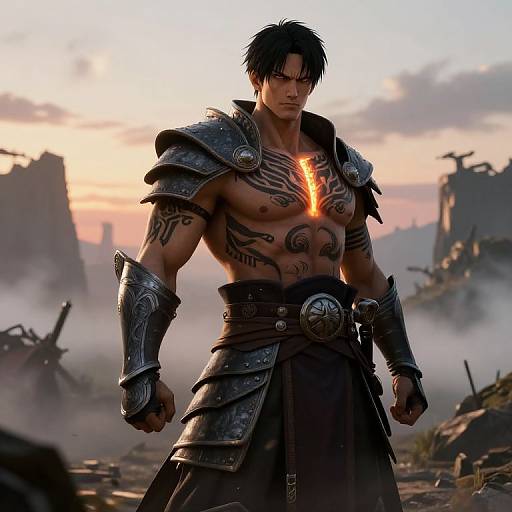 Digital artwork of a muscular, tattooed warrior with glowing chest tattoo, wearing medieval armor and dark pants, standing in a ruined, misty battlefield at