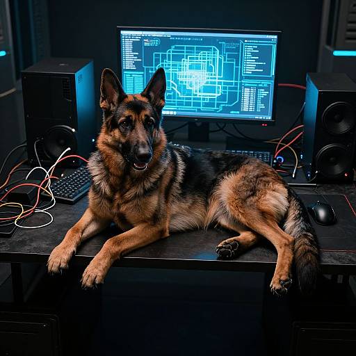 Photograph of a German Shepherd lying on a black desk with computer monitors, speakers, and cables in the background. The screen displays a blue technical diagram