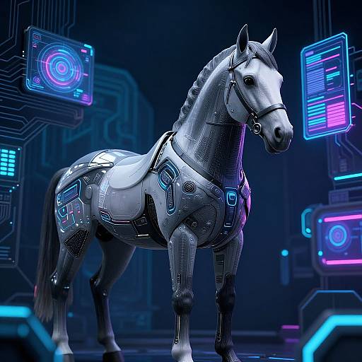 CGI image of a cybernetic horse with glowing neon blue and pink circuitry, standing in a futuristic, dark-lit lab.