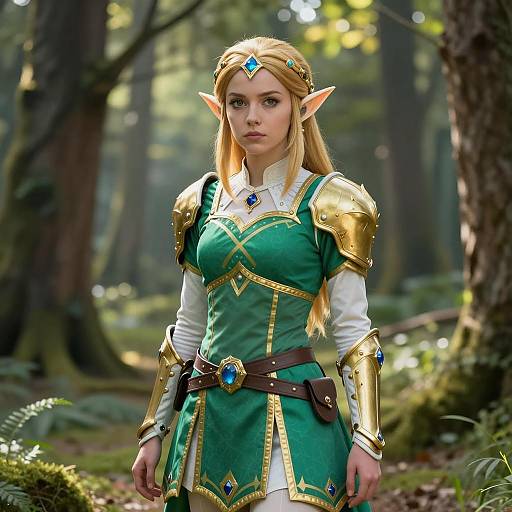 Female Elf in Green and Gold Fantasy Armor
