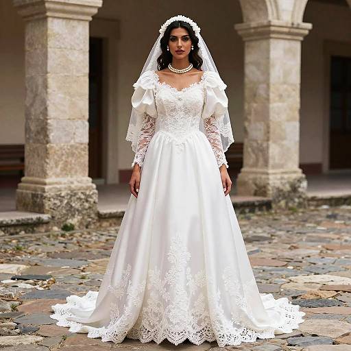 Elegant Bride in Lace Wedding Dress in Courtyard