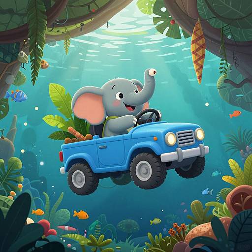 Cartoon elephant in blue jeep, underwater jungle scene, colorful fish, plants, sunlight filtering through water, joyful expression, vibrant digital art.