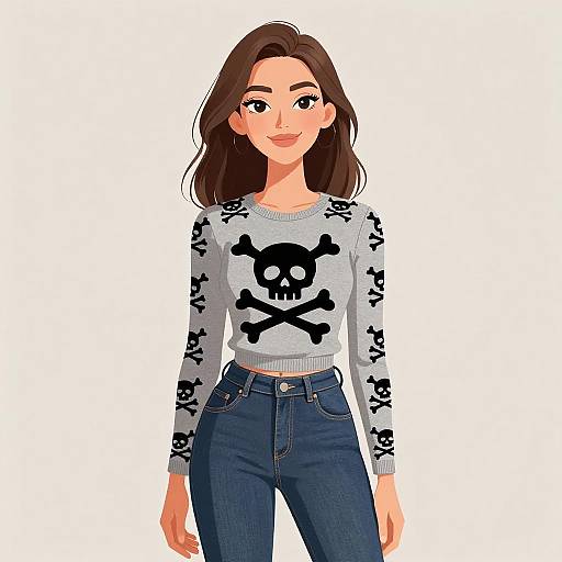Smiling Woman in Casual Skull Print Top