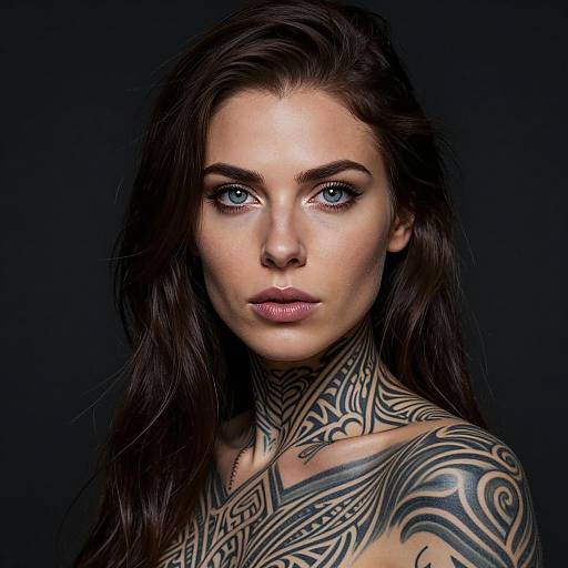 Photograph of a blue-eyed woman with long dark hair, full tattoo sleeve, and intricate neck tattoos, set against a dark background.