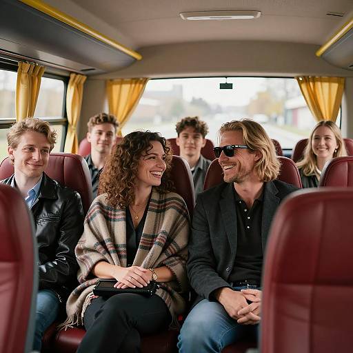 Lively Bus Interior with Smiling Passengers