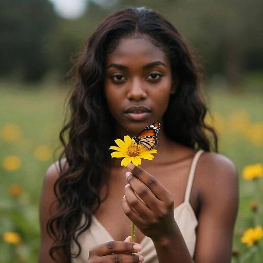 Dark-Skinned Woman Holding Yellow Flower with Butterfly