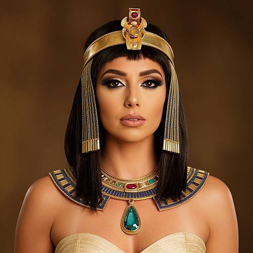 Photograph of a woman with Egyptian-inspired makeup and jewelry, featuring a gold headpiece, black bob haircut, gold necklace, and turquoise pendant, against