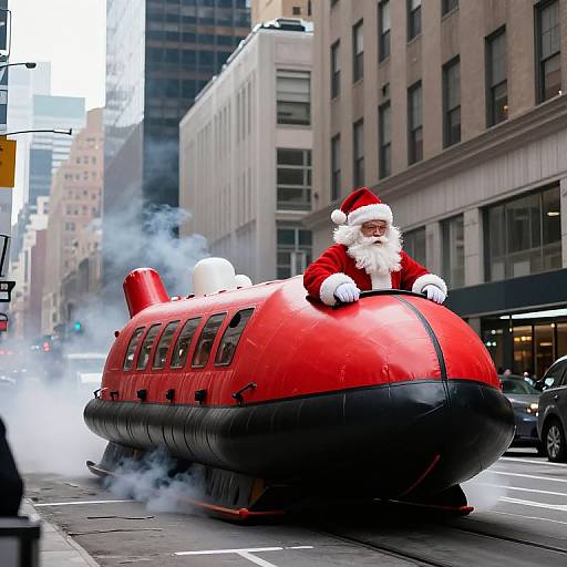 Photograph of a giant, red, inflatable Santa Claus in a Santa hat and suit, sitting in a street, with steam rising, amidst tall city