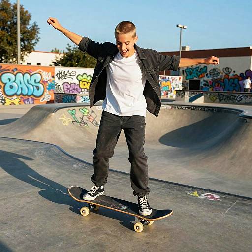Young boy skateboarding in a sunlit, graffiti-covered skate park with arms raised, wearing a black jacket, white shirt, black pants, and black