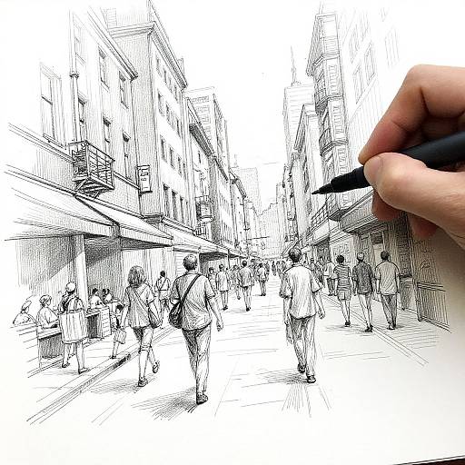Black-and-white sketch of a bustling city street with people, drawn with a pen by a hand holding the pen. Urban alleyway with tall buildings and