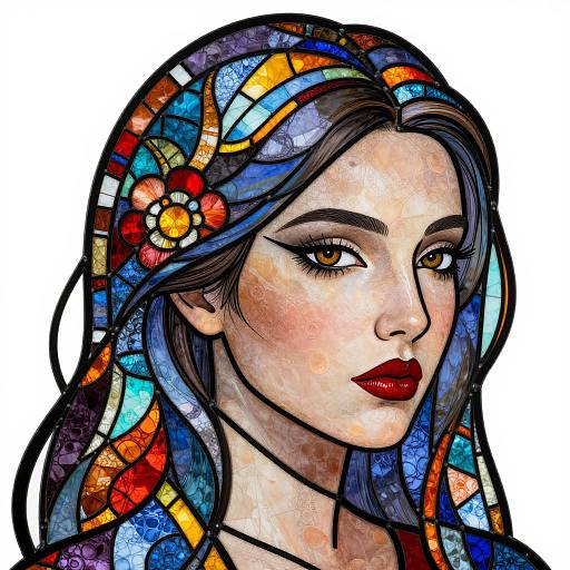 Stylized digital painting of a woman with long, vibrant, multi-colored hair, wearing a floral headpiece, with bold red lips, and intricate