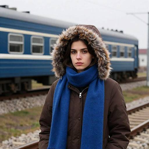 Young Woman by Train Tracks in Winter