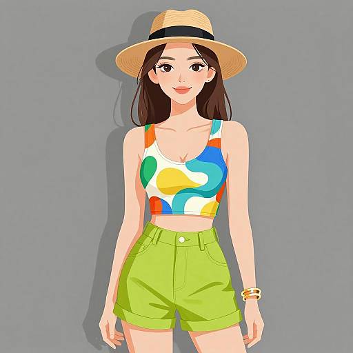 Digital anime-style drawing of a smiling young woman with long black hair, wearing a straw hat, colorful abstract top, and green shorts.