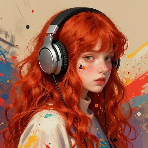 Digital art of a red-haired girl with freckles, wearing headphones, white shirt, and splattered background in vibrant colors.