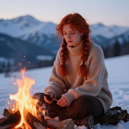 Photograph of a red-haired girl with braids, wearing a beige sweater, sitting by a campfire in a snowy mountain landscape.