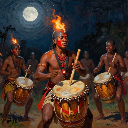 Oil painting of four muscular, dark-skinned tribal drummers with fiery headpieces, red face paint, and loincloths, playing drums under
