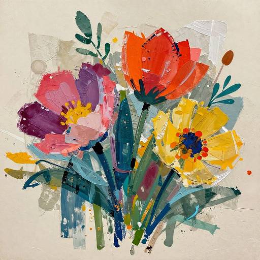 Vibrant abstract watercolor painting of a bouquet featuring red, pink, yellow flowers with green stems and leaves, set against a white background.