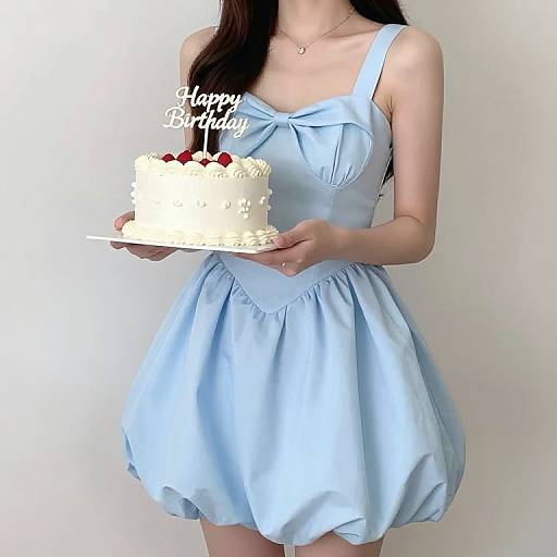 Photograph of a woman in a light blue, sleeveless, bow-front dress holding a white birthday cake with red cherries and 