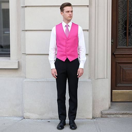 Photograph of a young Caucasian man with short brown hair, wearing a pink vest, white shirt, black pants, and black shoes, standing against a
