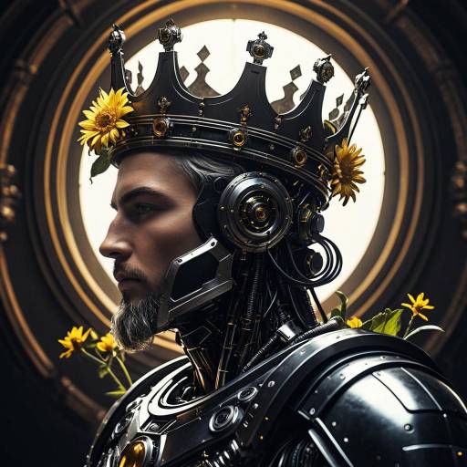 AI Robot King with Crown and Flowers