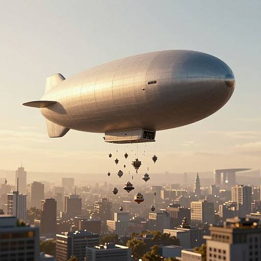 Surreal 3D Airship Over Cityscape