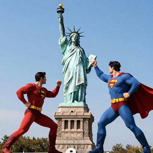 Humorous Superheroes Attacking Statue