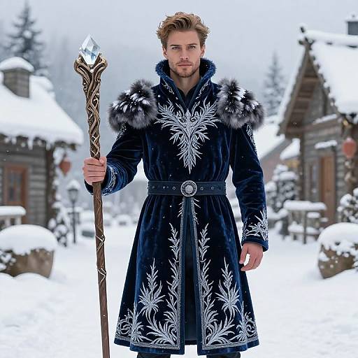 Photograph of a handsome, bearded man in a black fur-trimmed, snowflake-embroidered coat, holding a decorative staff,
