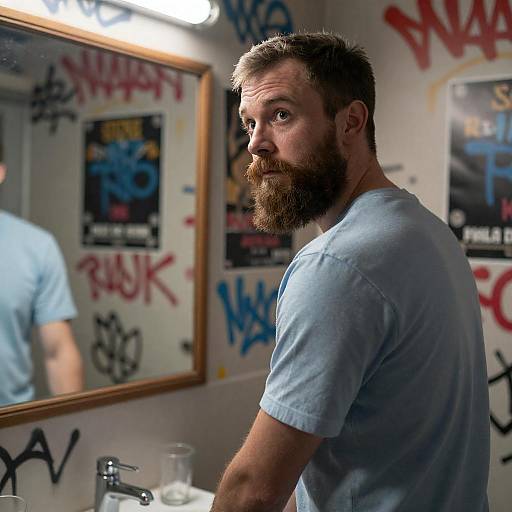 Bearded Man Standing in Graffiti-Covered Bathroom