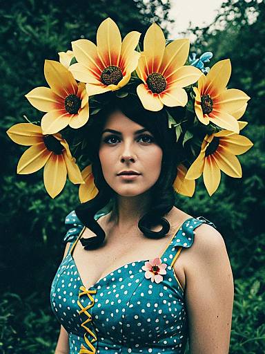 Woman Wearing Sunflower Headpiece and Blue Polka Dot Dress