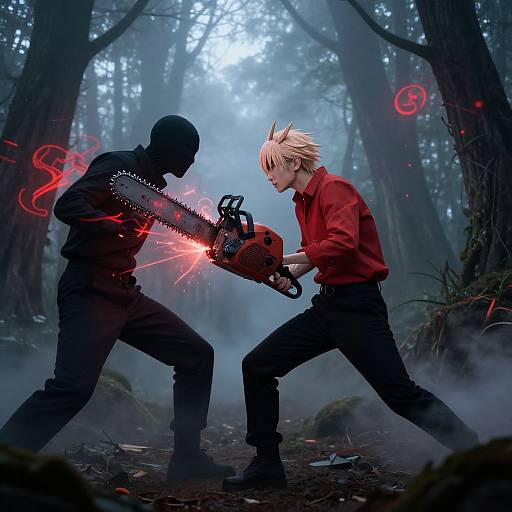 Digital artwork of two men in a foggy forest: one in black, masked, wielding a glowing chainsaw, facing a blonde man in a red
