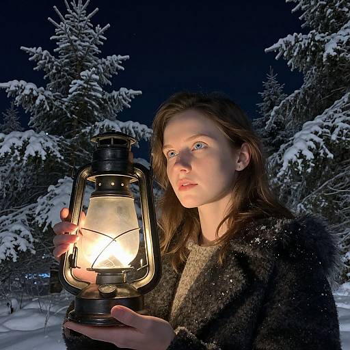 Photograph of a young woman with fair skin and brown hair holding a glowing lantern in a snowy, nighttime forest.
