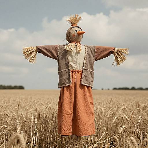 Photograph of a scarecrow with a feathered head, brown jacket, and orange skirt, standing in a golden wheat field under a cloudy sky.