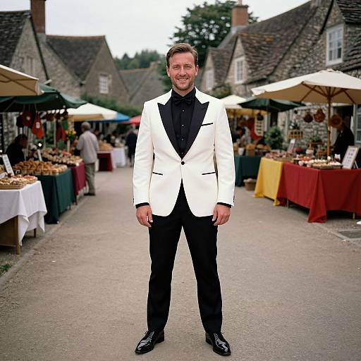 Photograph of a smiling man in a white tuxedo with black shirt and pants, standing in a colorful outdoor market.