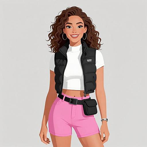 Digital illustration of a smiling woman with curly brown hair, wearing a white t-shirt, black puffer vest, pink shorts, and hoop earrings, with