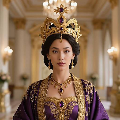 Digital art of an elegant Asian queen with dark hair, wearing a gold crown, ornate purple and gold robe, and jewelry, in a luxurious,