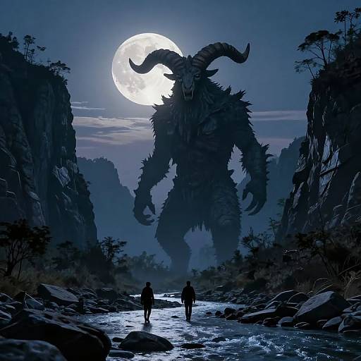 Digital artwork of two silhouetted figures facing a towering, horned, beast-like creature under a full moon in a rocky, mountainous river