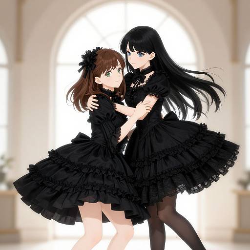 Digital anime artwork of two girls in black frilled gothic dresses, one with brown hair and the other with black hair, embracing intimately in front of